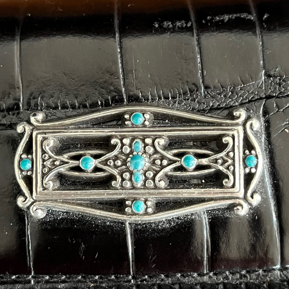 Brighton Black Leather Card Case Wallet Turquoise Filigree Key Ring ID Window